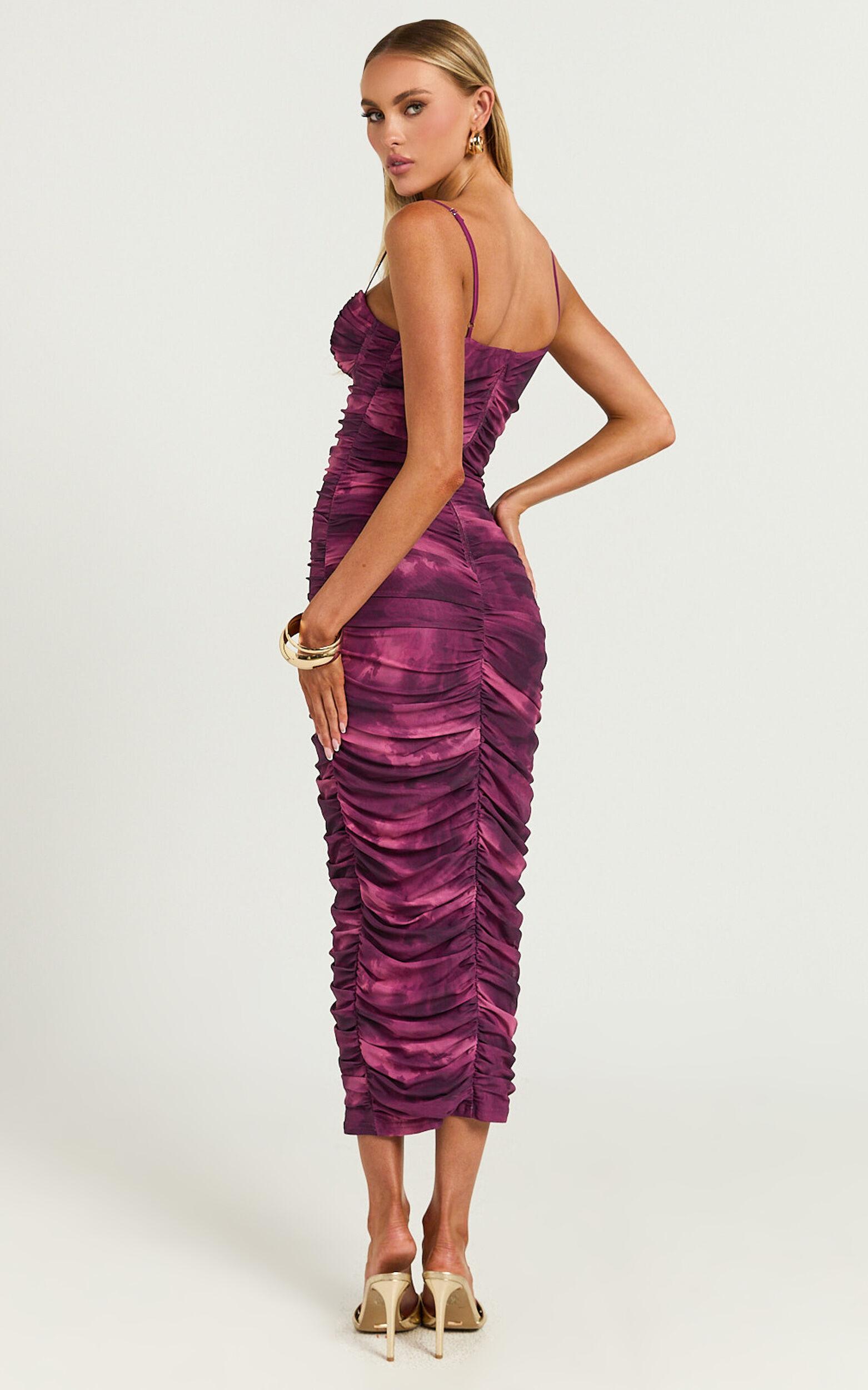 Leanor Midi Dress - Mesh Ruched Bustier Bodycon Dress in Purple Fields Product Image