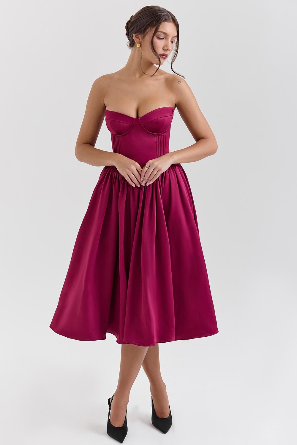 Coco  burgundy satin tulle midi dress - sale Product Image