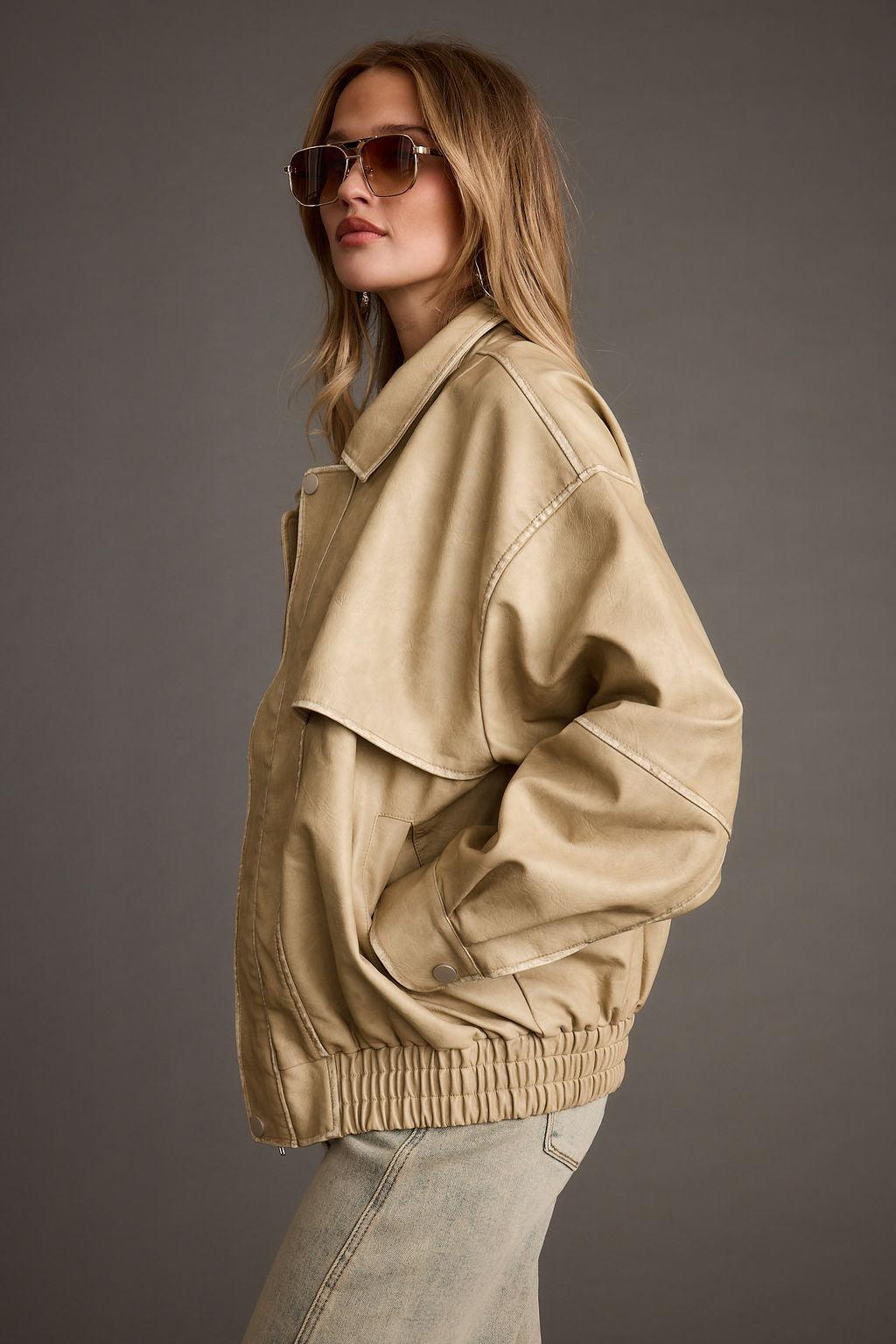 London Calling Light Taupe Oversized Faux Leather Jacket Product Image