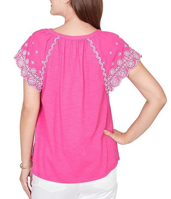 Ruby Rd. Petite Size Slub Knit Split V-Neck Short Embroidered Sleeve Top Product Image