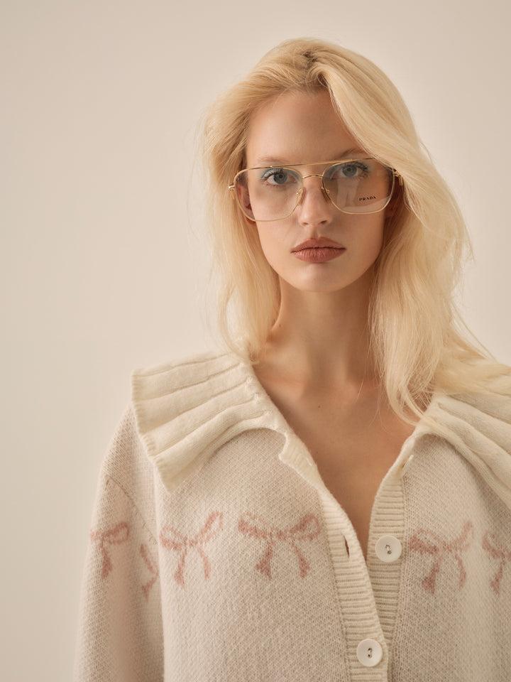 Bow Intarsia Knit Sweater — White Product Image