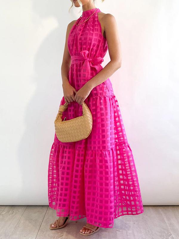 Loose Sleeveless Plaid Ribbed Stand Collar Maxi Dresses Product Image