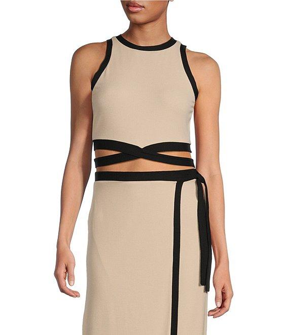 Gianni Bini Dena Ribbed Knit Crew Neck Sleeveless Tie Waist Coordinating Cropped Top Product Image