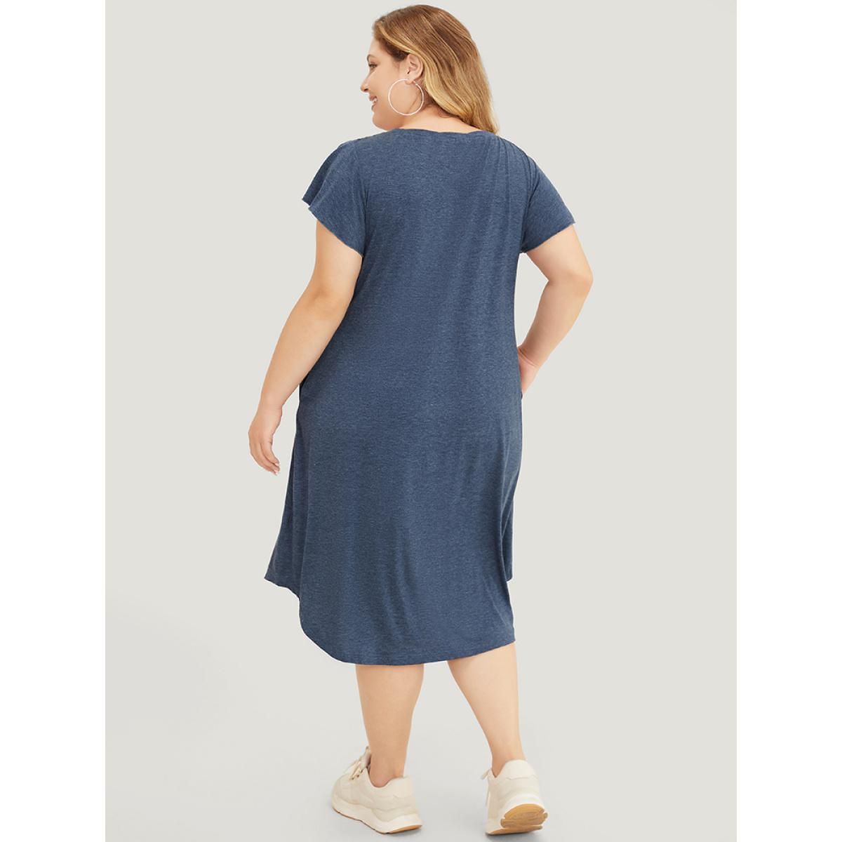 Plus Size Plain Pleated Ruffle Sleeve Pocket Button Up Curved Hem Dress Stone Women Casual Arc Hem Round Neck Cap Sleeve Curvy Midi Dress BloomChic 28/5X Product Image