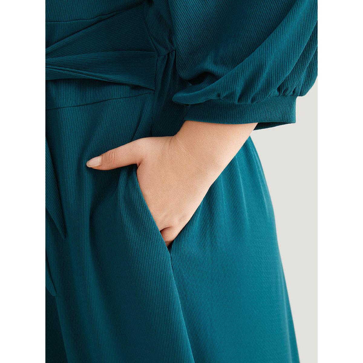 Plus Size Rib Knit Bowknot Ties Button Detail Gathered Dress Aegean Women Casual Plain V-neck Elbow-length sleeve Curvy Midi Dress BloomChic 22-24/3X Product Image