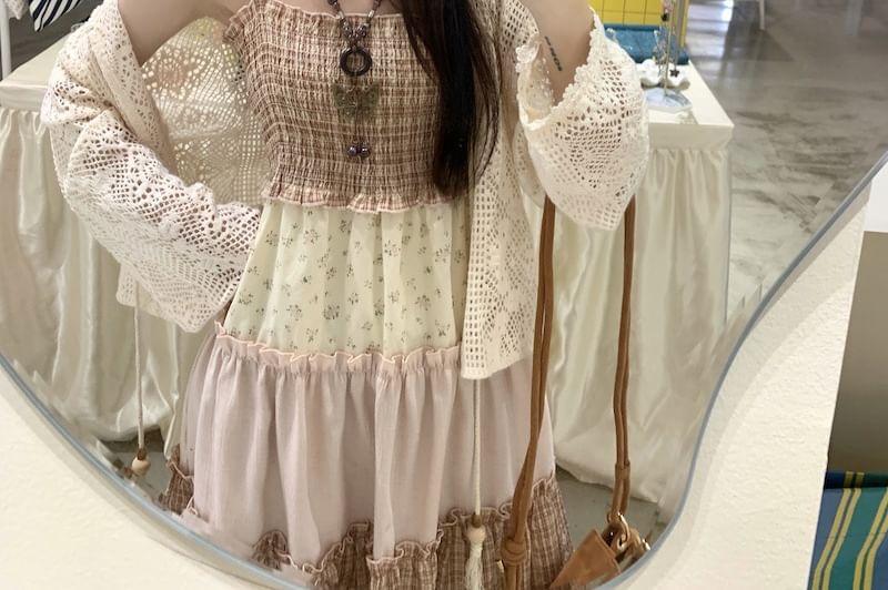 Spaghetti Strap Plaid Panel Tiered Midi A-Line Dress / Crochet Cardigan Product Image