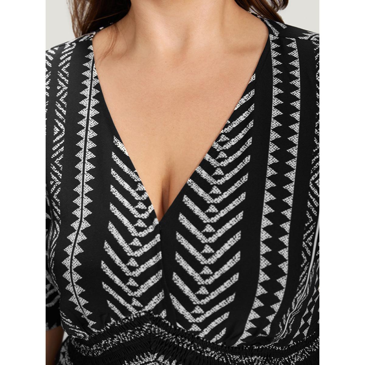 Plus Size Black Bandana Print High Low Hem Patchwork Blouse Women Elegant Short sleeve Deep V-neck Vacation Blouses BloomChic 14-16/1X Product Image