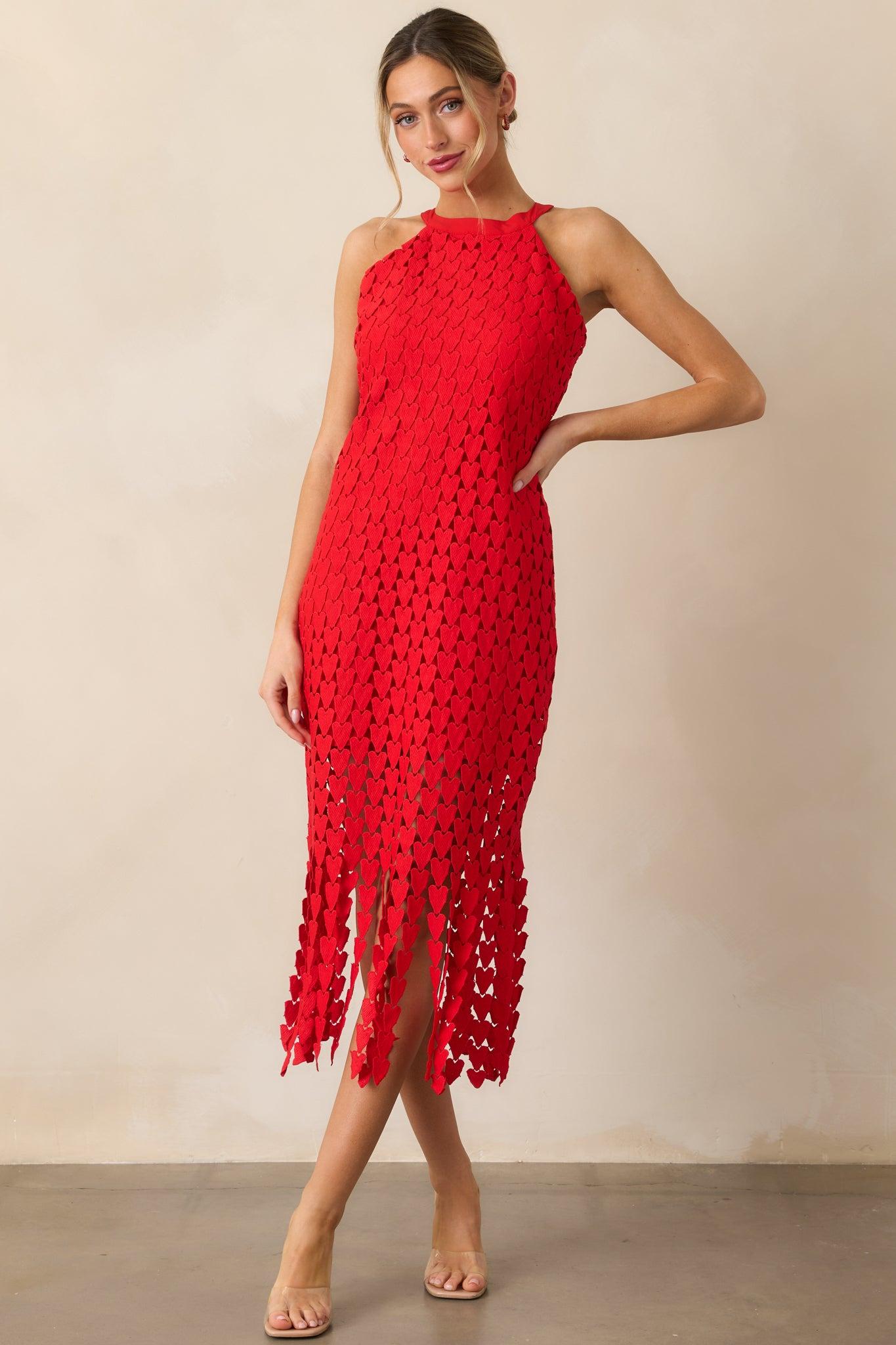 Heart On Display Red Heart Lace Midi Dress Product Image