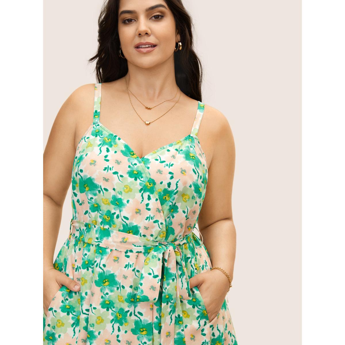 Plus Size Floral Surplice Neck Belted Midi Dress Applegreen Women Elegant Belted Non Sleeveless Curvy BloomChic 22-24/3X Product Image