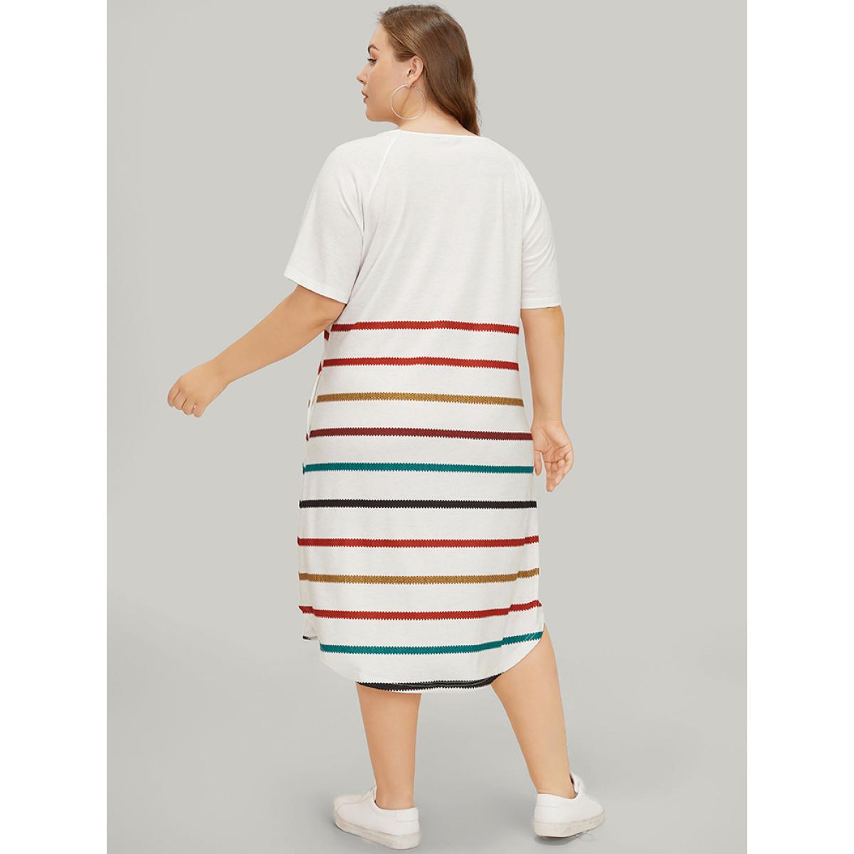 Plus Size Rainbow Striped Pocket Curved Hem Dress White Women Casual Contrast V-neck Short sleeve Curvy Midi Dress BloomChic 18-20/2X Product Image