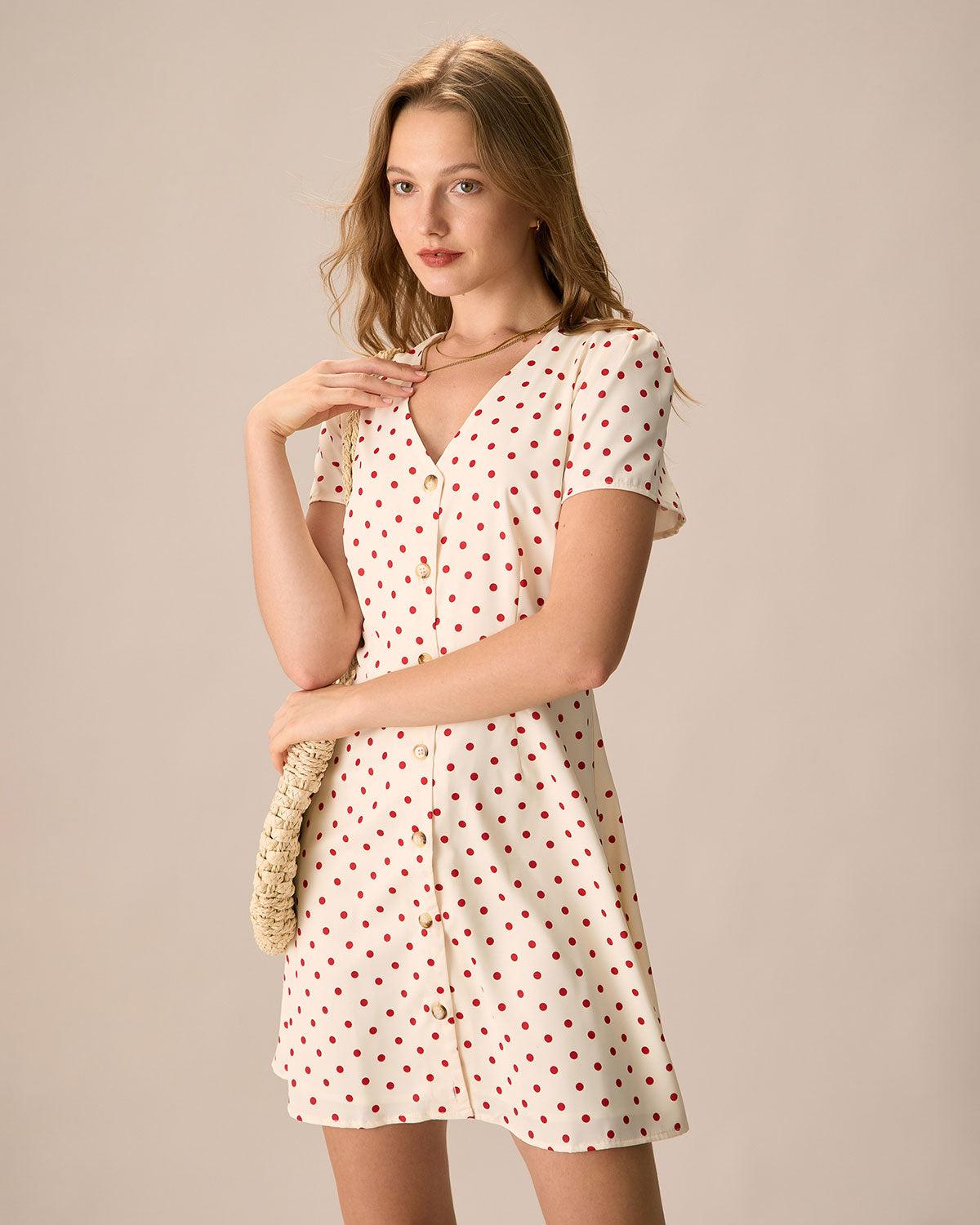 The Beige Polka Dot Button Mini Dress Product Image