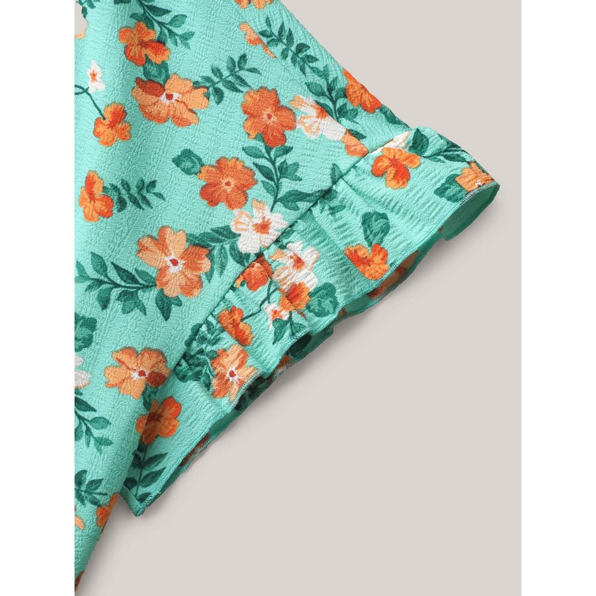 Plus Size Floral Print Ruffled Pockets Midi Dress Turquoise Women Elegant Texture Round Neck Short sleeve Curvy BloomChic 12/L Product Image