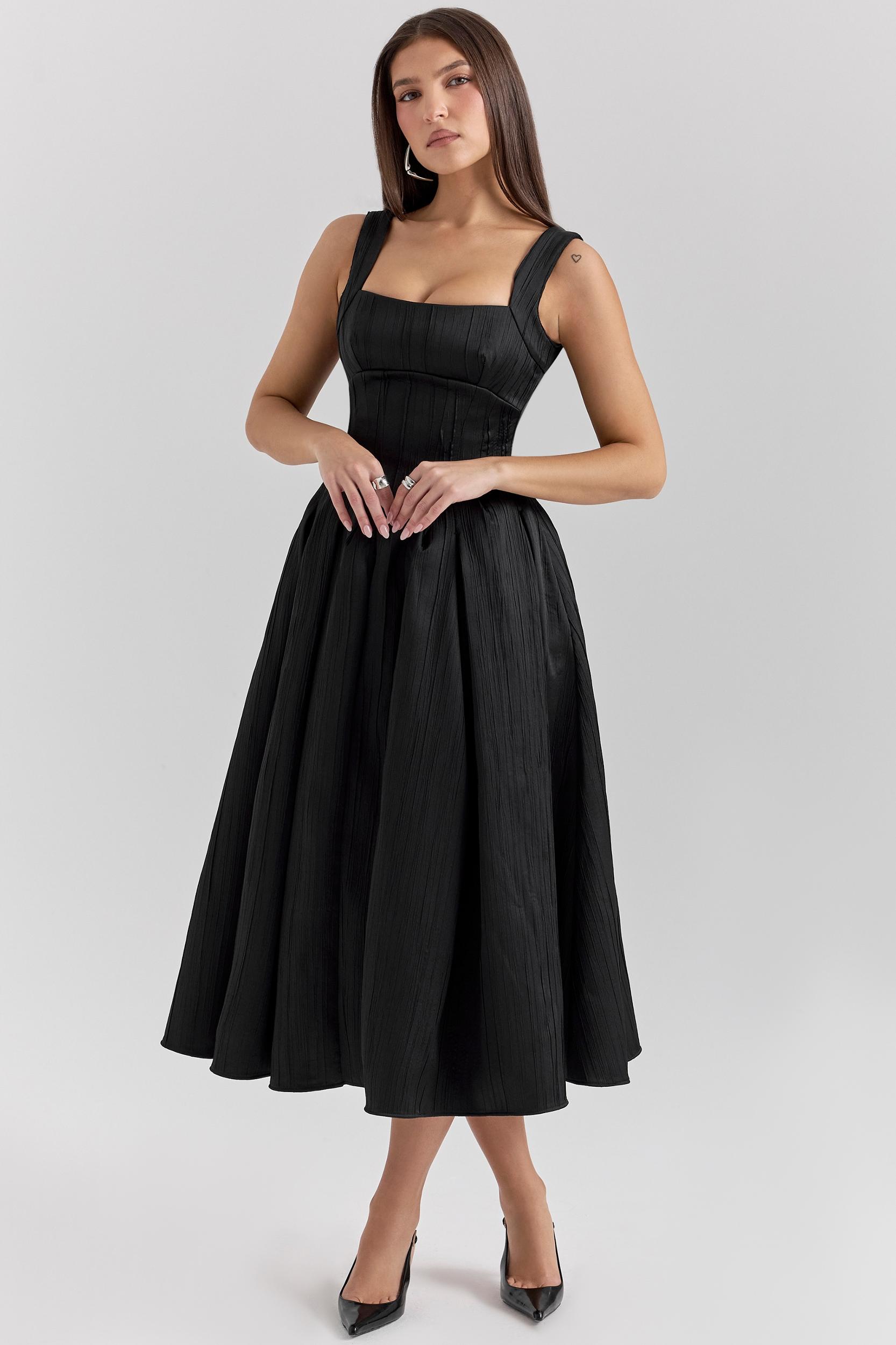 Isabeau  black textured satin corset midi dress Product Image