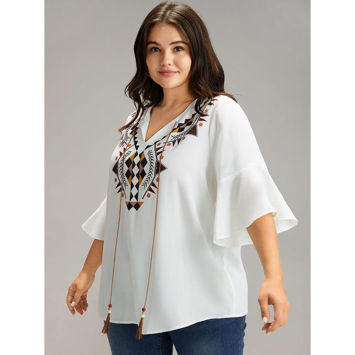 Plus Size White Bandana Patchwork Tassel Trim Flutter Sleeve Blouse Women Vacation Half Sleeve Tie Neck Vacation Blouses BloomChic 14-16/1X Product Image