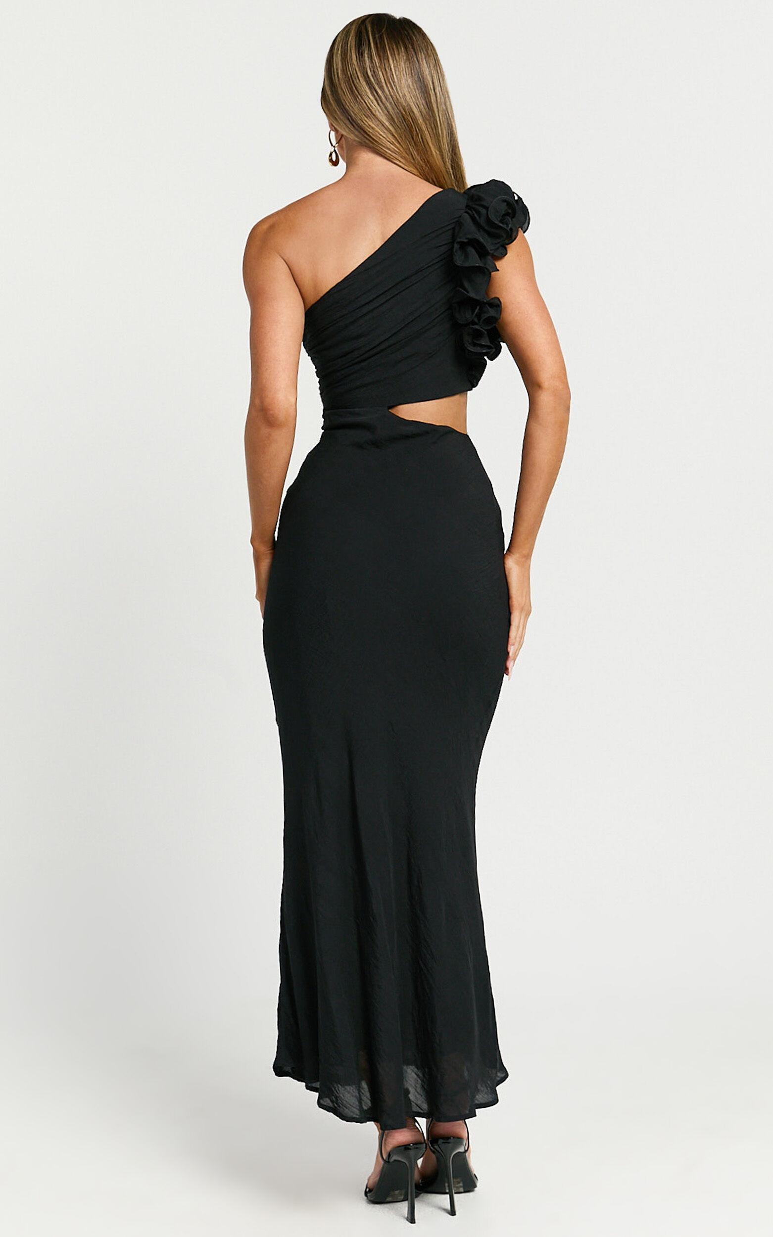 Anessa Midi Dress - One Shoulder Ruffle Detail Side Cut Out Dress in Black Product Image
