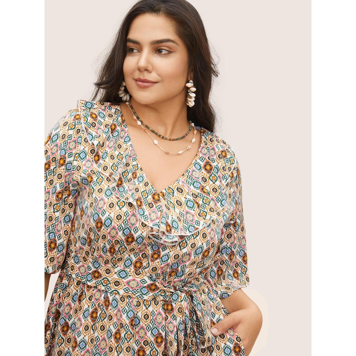 Plus Size Bandana Geometric Ruffle Trim Belted Dress DarkGreen Women Resort Non V-neck Half Sleeve Curvy Midi Dress BloomChic 10/M Product Image