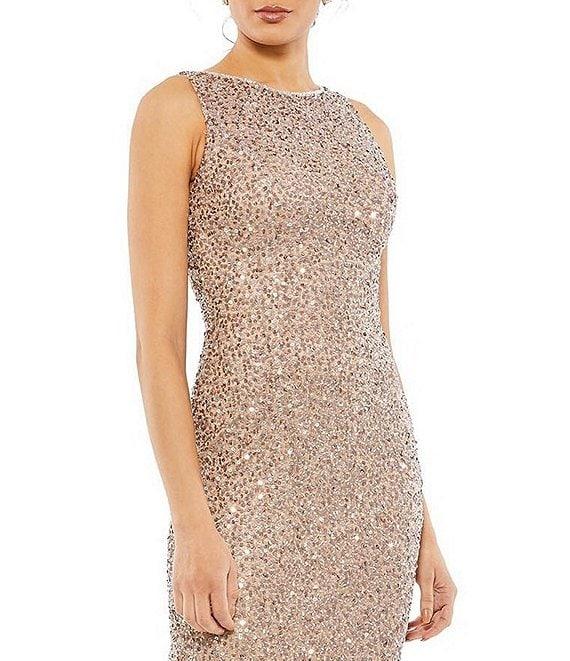 Mac Duggal Sequin Embellished Boat Neck Sleeveless Sheath Midi Dress Product Image