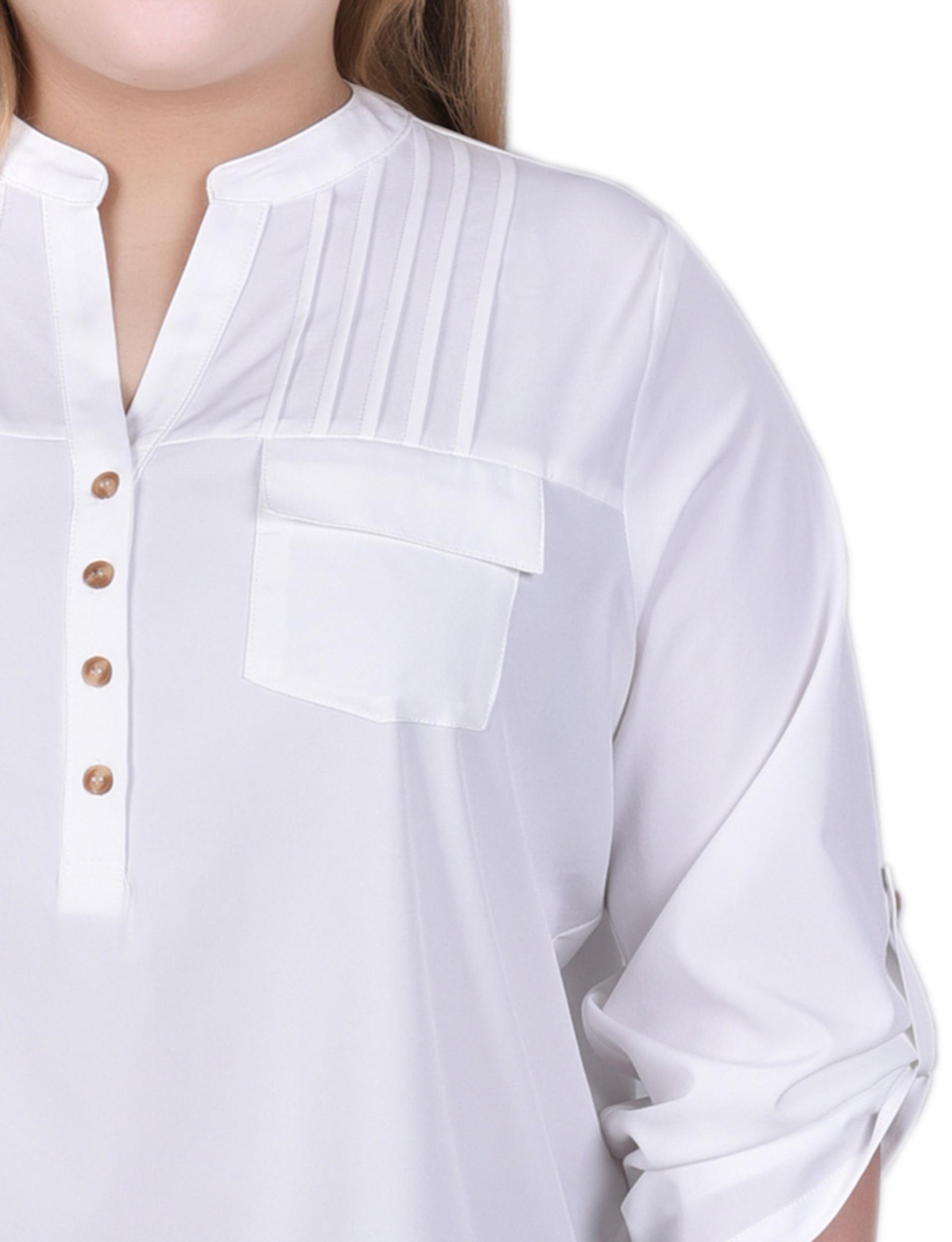 White Long Tab-Sleeve Blouse With Pockets - Plus Size Product Image