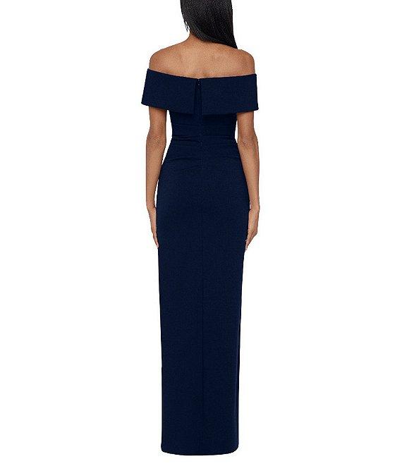 Xscape Off-the-Shoulder Ruched Ruched Waist Scuba Crepe Thigh High Slit Gown Product Image