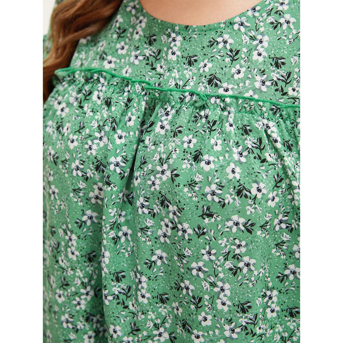 Plus Size Mint Ditsy Floral Frill Trim Gathered Ruffle Sleeve Blouse Women Elegant Short sleeve Round Neck Dailywear Blouses BloomChic 12/L Product Image