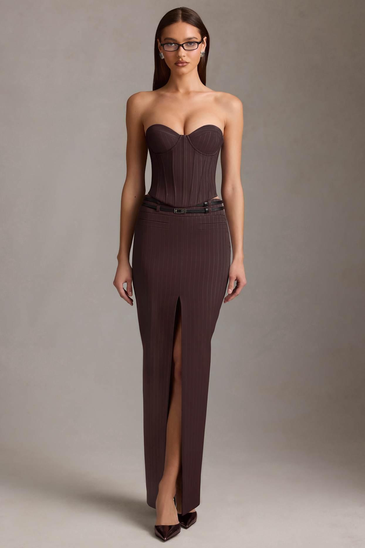Pinstripe Low-Rise Maxi Skirt in Chocolate Brown Product Image