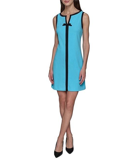 KARL LAGERFELD PARIS Stretch Scuba Crepe Contrast Trim V-Neck Sleeveless Sheath Dress Product Image