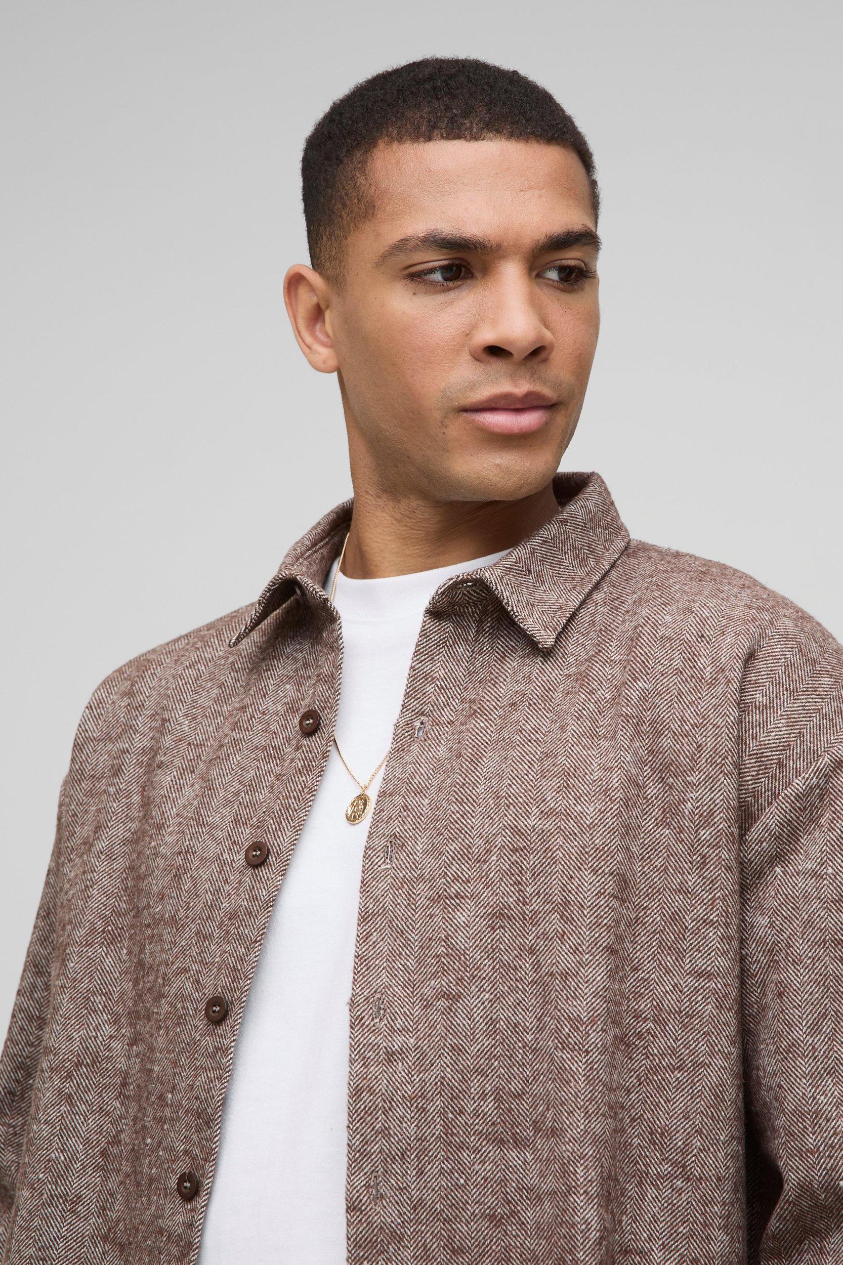 Herringbone Oversized Shirt & Relaxed Short Set | boohooMAN USA Product Image