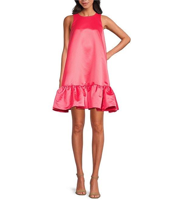 Trina Turk Winner Satin Crew Neck Sleeveless Flounce Ruffle Hem Mini Dress Product Image