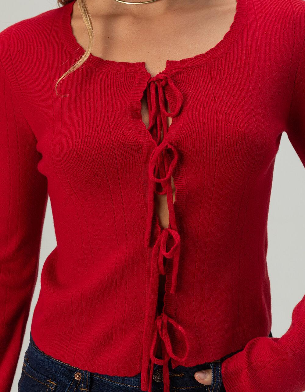 FULL TILT 3 Tie Front Womens Pointelle Cardigan - RED Product Image