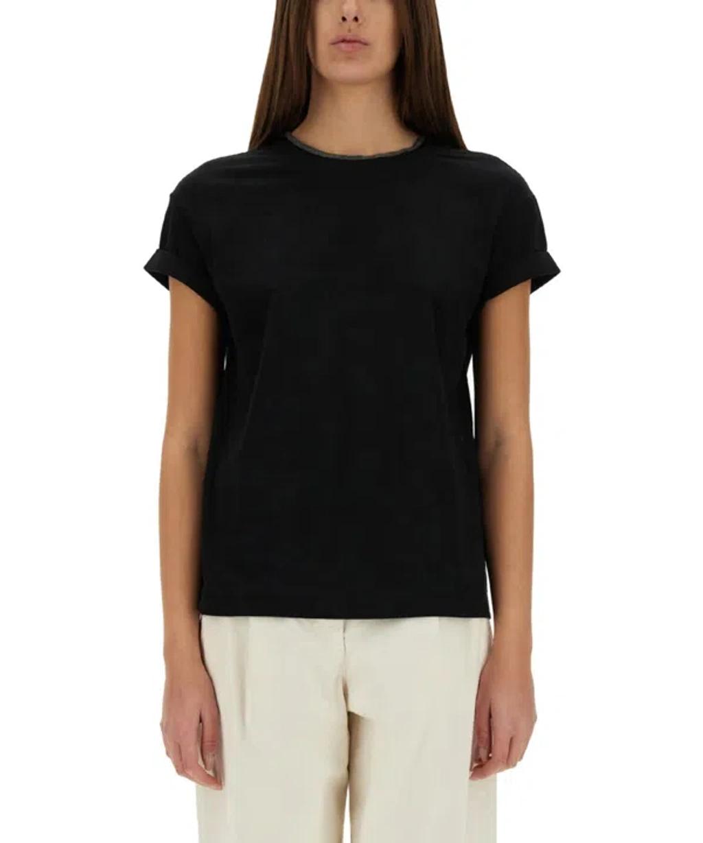 BRUNELLO CUCINELLI Women Stretch Cotton Jersey T-shirt With Precious Faux-layering In Black Product Image
