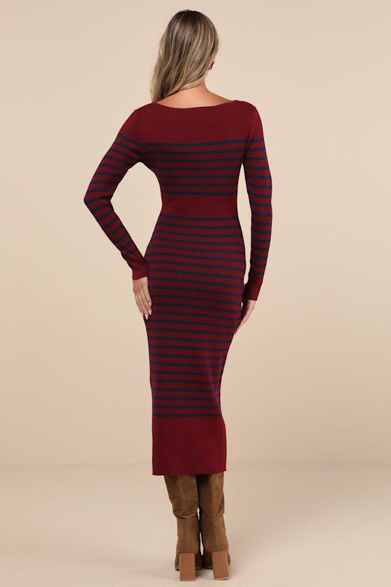 Effortlessly Ready Burgundy Striped Ribbed Midi Sweater Dress Product Image