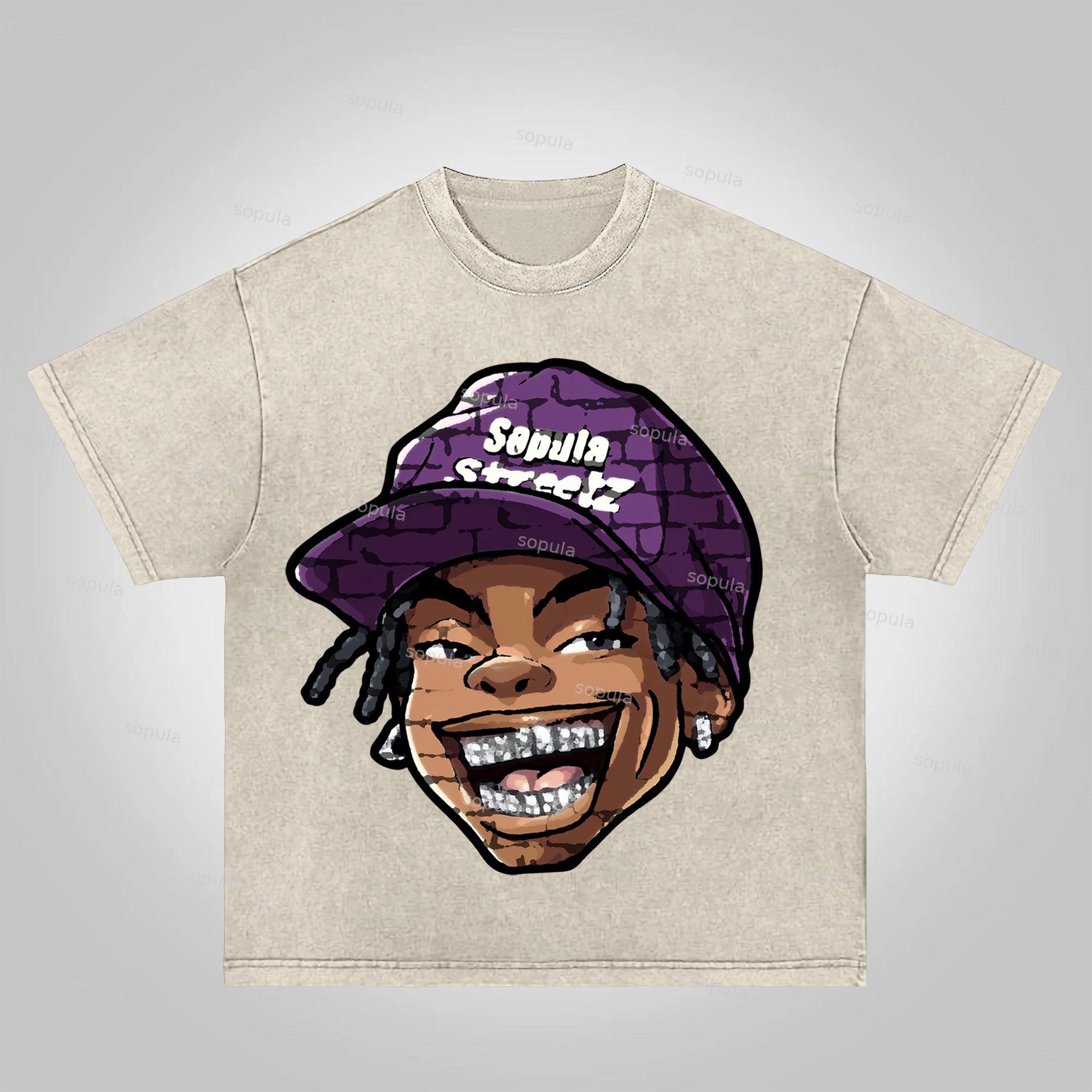 Sopula Street Trend Cartoon Graffiti Big Head Graphic Acid Wash T-shirt Product Image