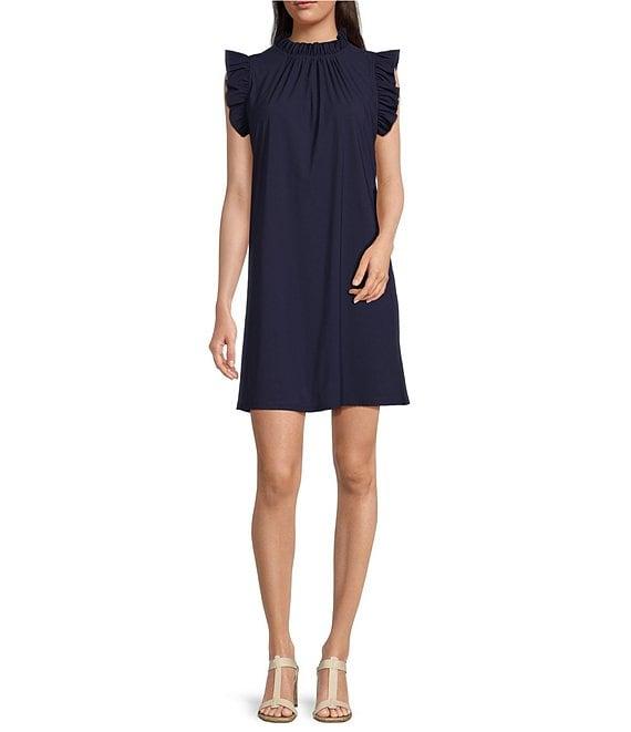 Jude Connally Shari Stretch Knit Ruffle Trim Mock Neck Cap Sleeve Shift Dress Product Image