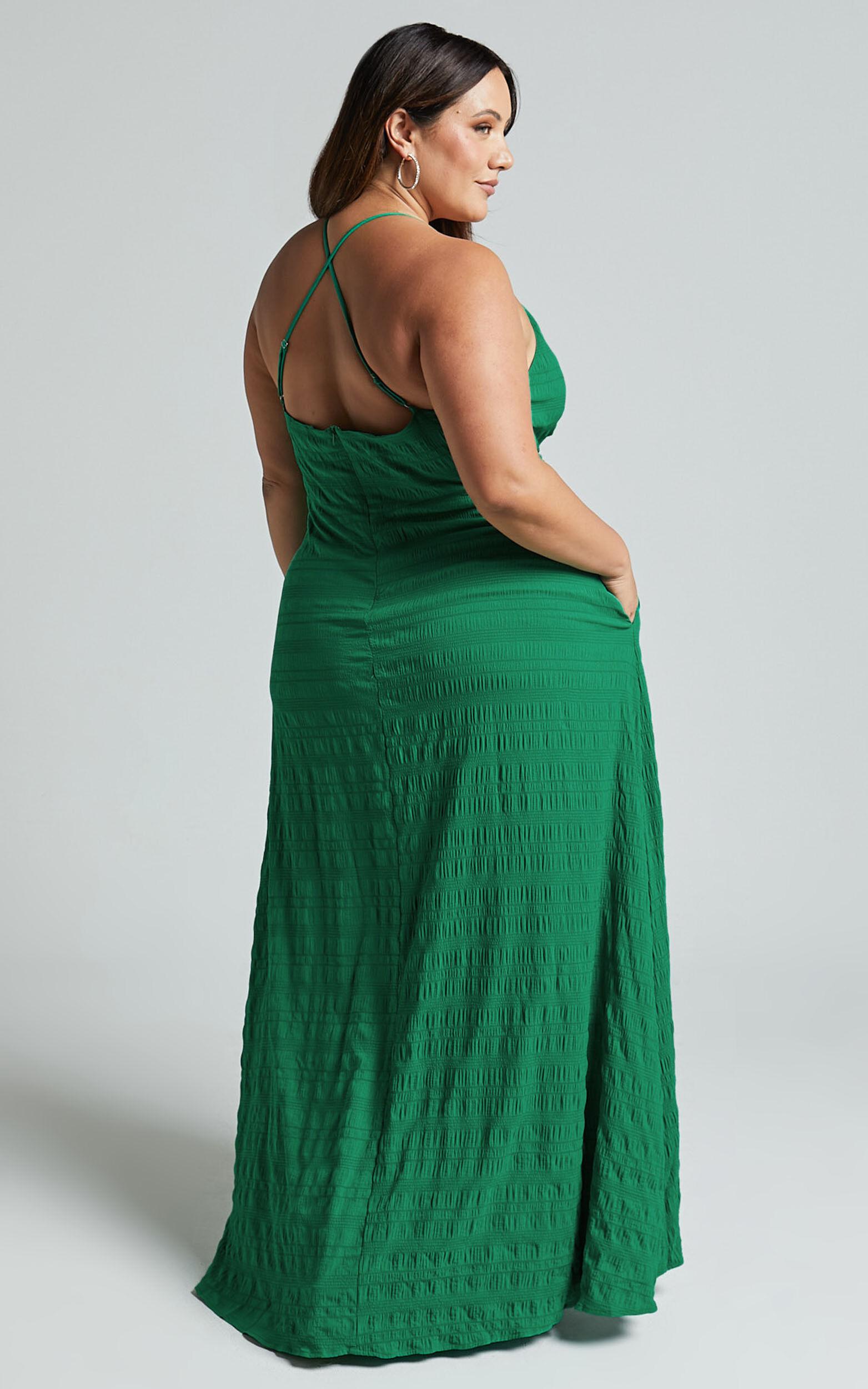 Marisse Maxi Dress - Cut Out Front Split Cross Back Textured Dress in Green Product Image