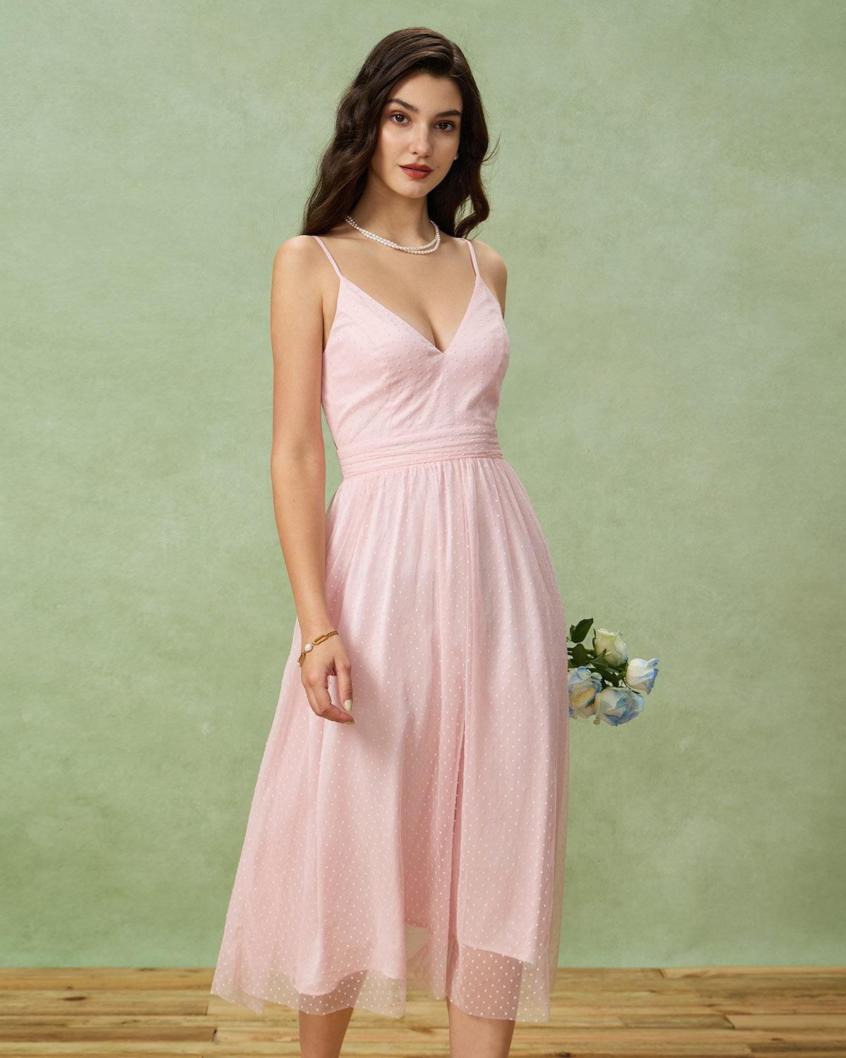 Pink V Neck Backless Slip Midi Dress Product Image