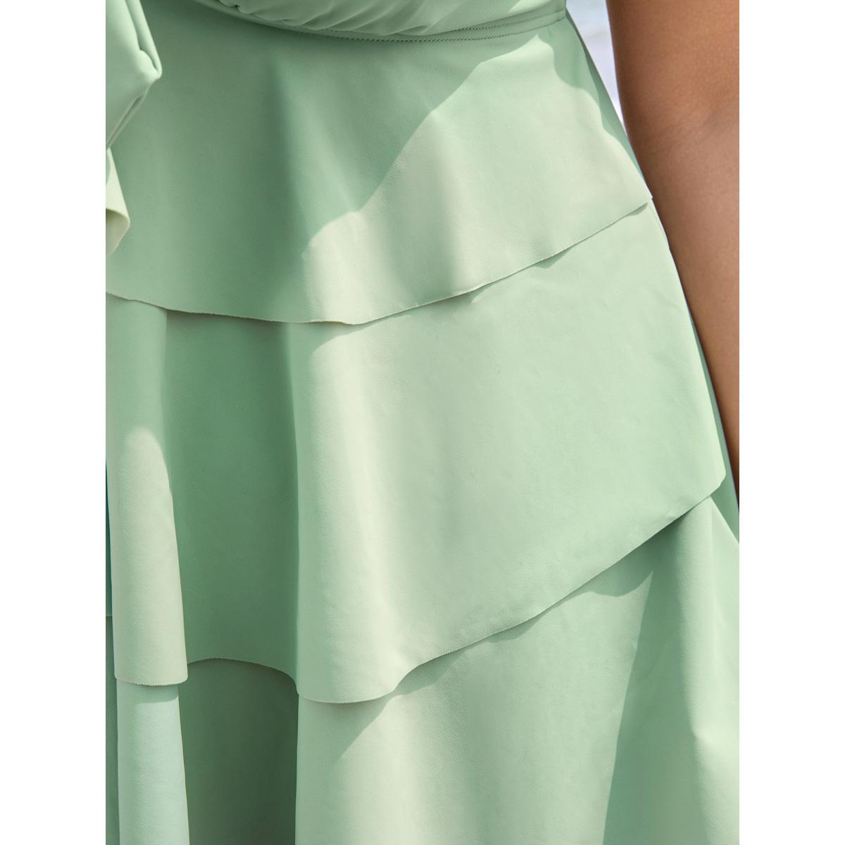 Plus Size Knotted Front Ruffle Tiered Tankini Top Women's Swimwear LightGreen Beach Ruffles High stretch Bodycon V-neck Curve Swim Tops BloomChic 14-16/1X Product Image