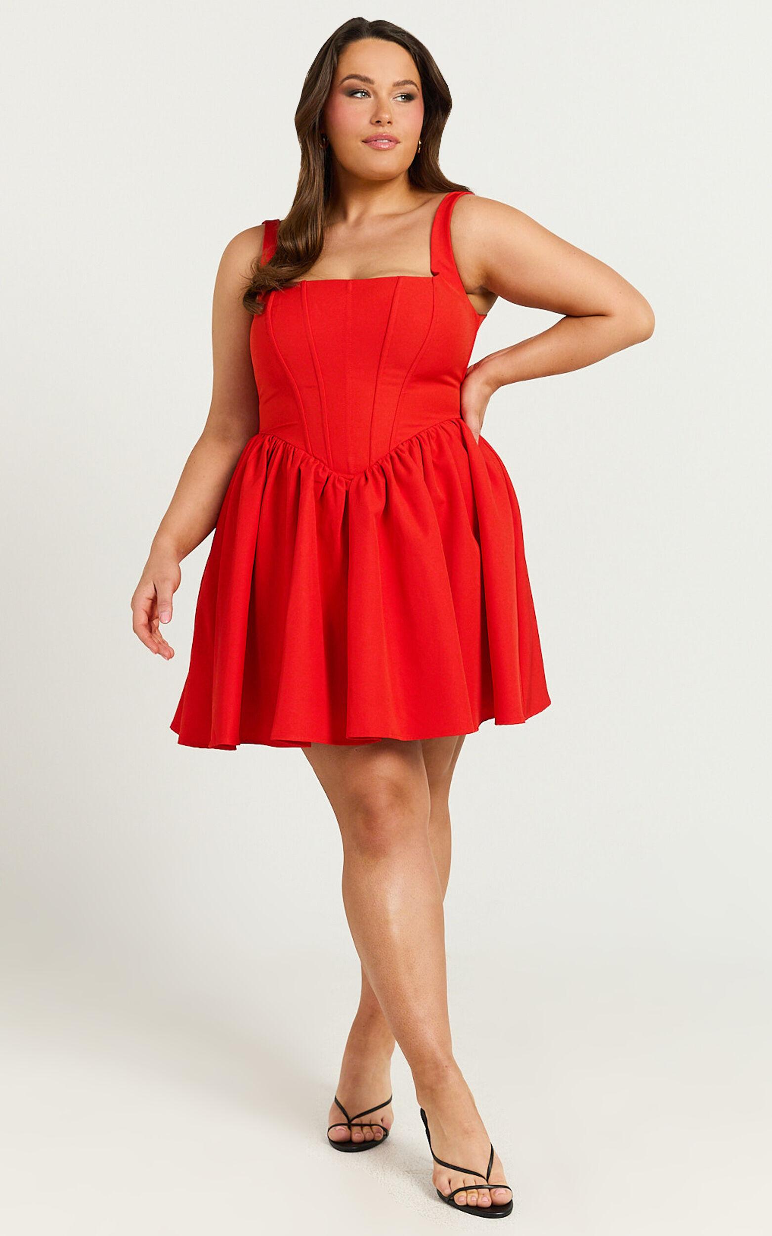 Aimee Mini Dress - Scoop Neck Corset Gathered Dress in Red Product Image