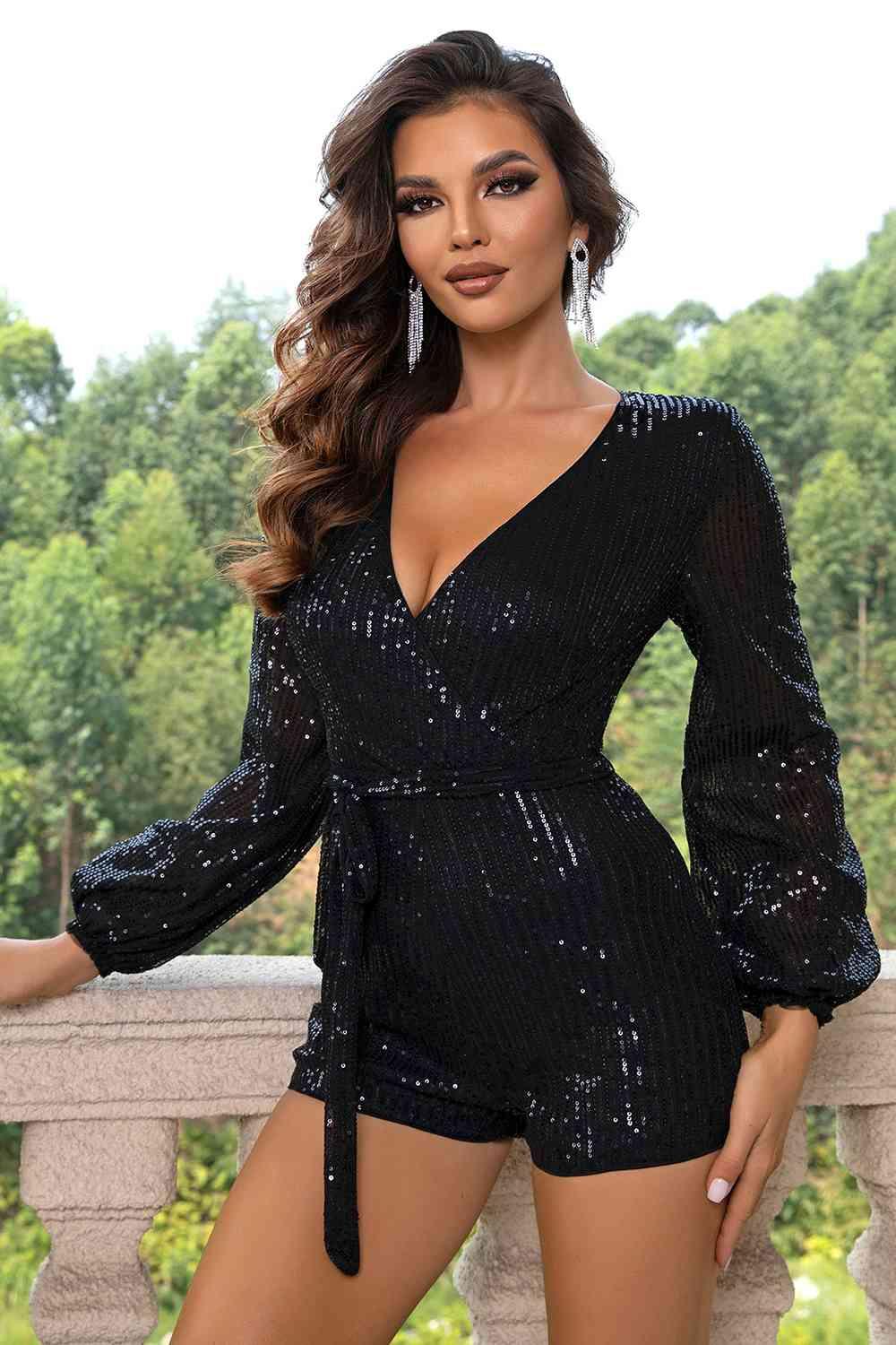 Sequin Tie Waist Long Sleeve Romper Product Image