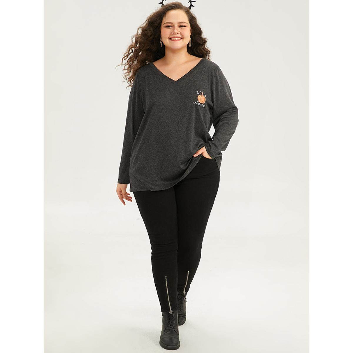 Plus Size Halloween Pumpkin Embroidered V Neck T-shirt DimGray Women Casual Embroidered Graphic-Halloween Festival-Halloween T-shirts BloomChic 26/4X Product Image