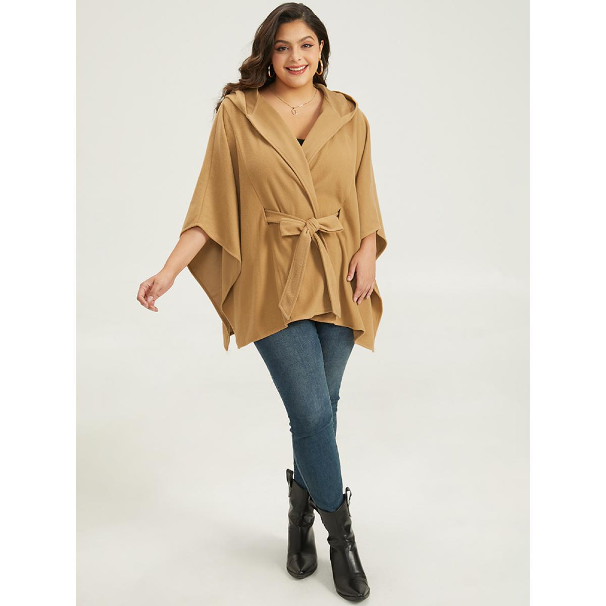 Plus Size Solid Hooded Belted Batwing Sleeve Jacket Women Chocolate Casual Plain Ladies Dailywear Winter Coats BloomChic 22-24/3X Product Image