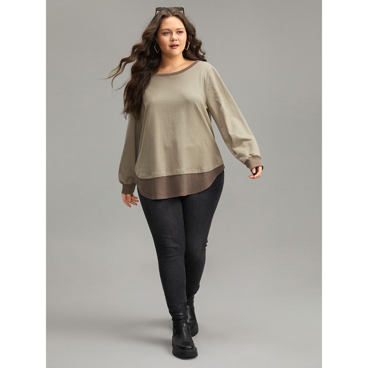 Plus Size Cotton Two Tone Layered Sweatshirt Women LightBrown Casual Arc Hem Round Neck Dailywear Sweatshirts BloomChic 10/M Product Image