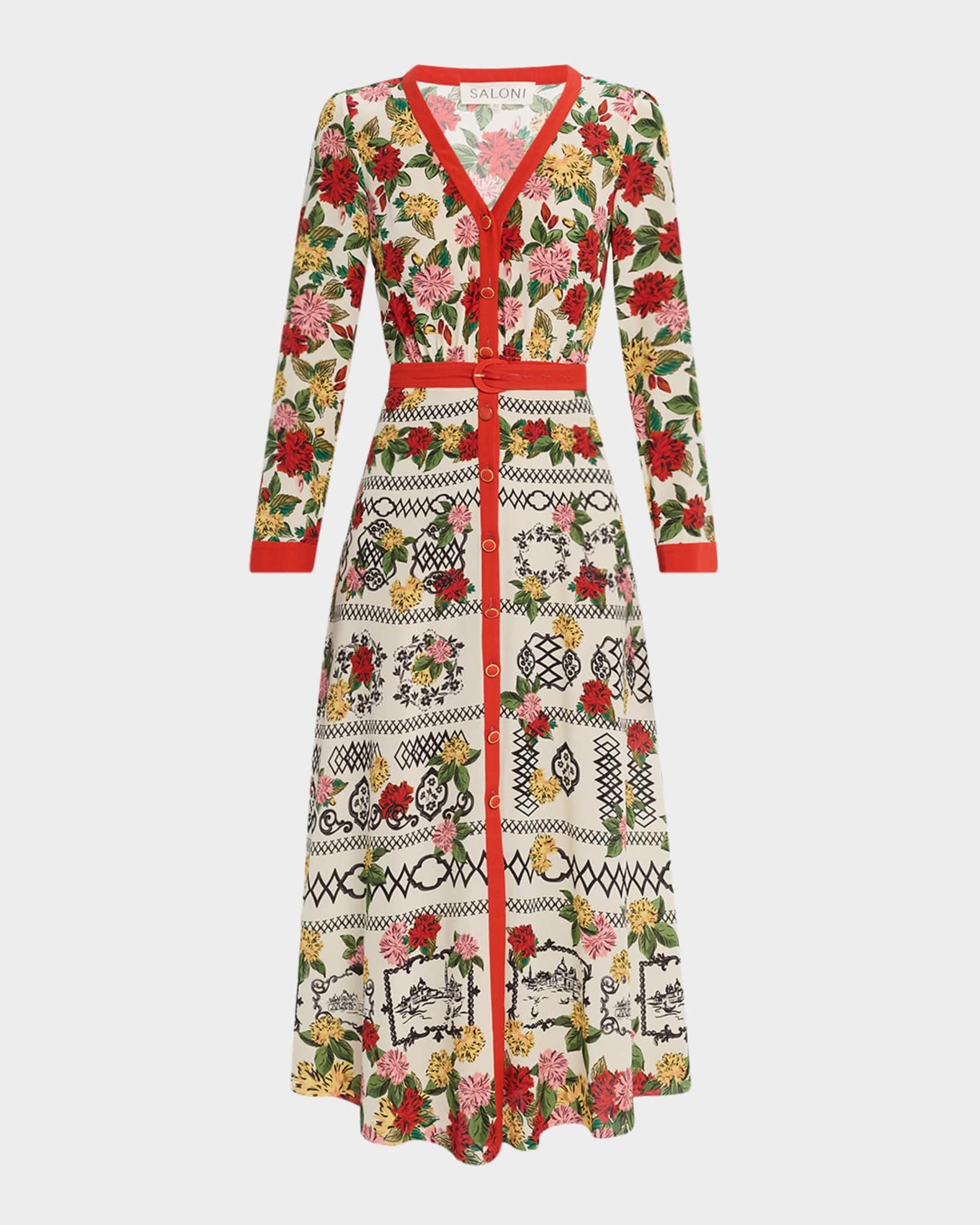 Lea Button-Front Printed Midi Silk Shirtdress Product Image