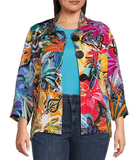 Ali Miles Plus Size Woven Abstract Print Wire Collar 3/4 Sleeve Button-Front Jacket Product Image