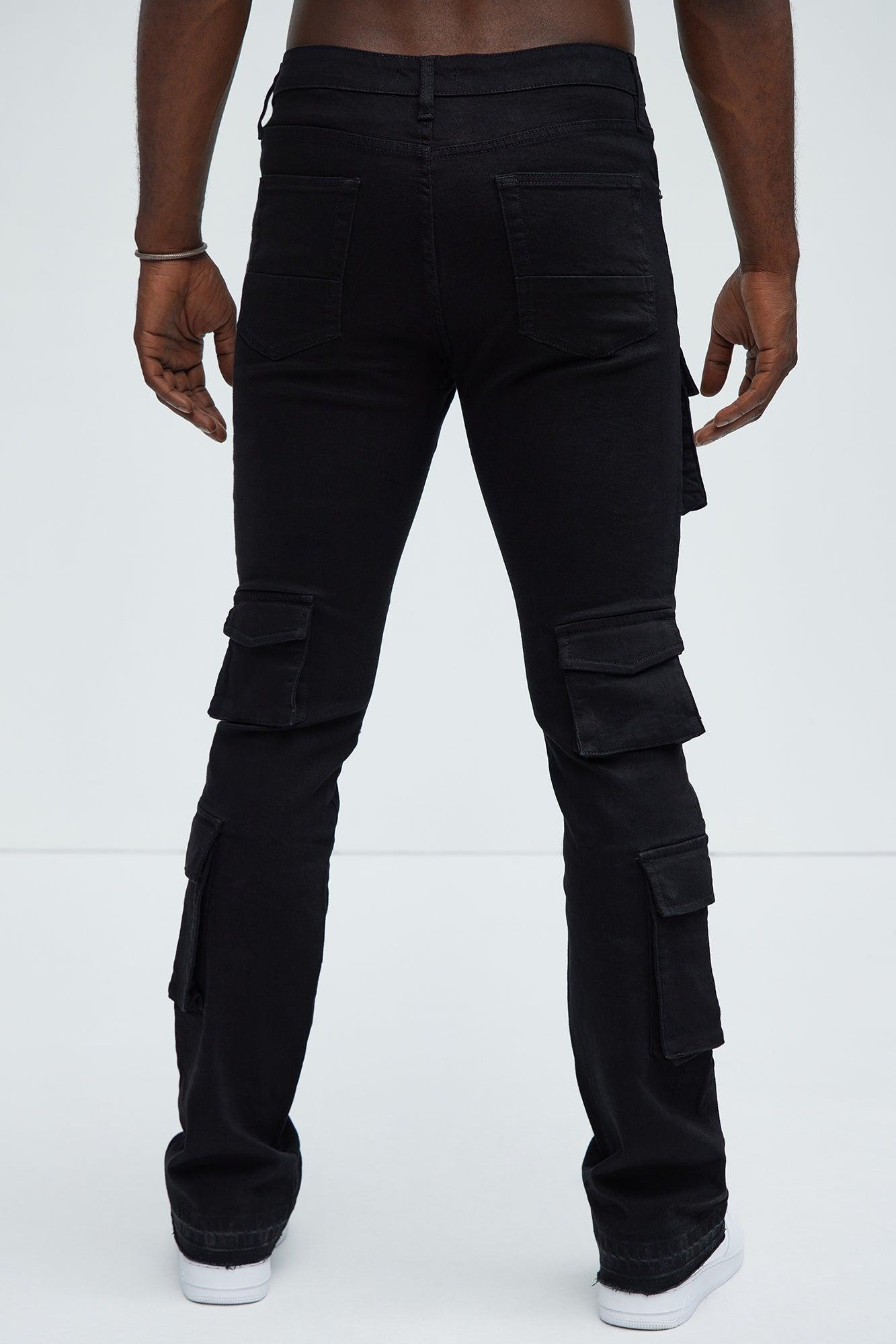 Three Cargo Stacked Skinny Flare Jeans - Black Product Image