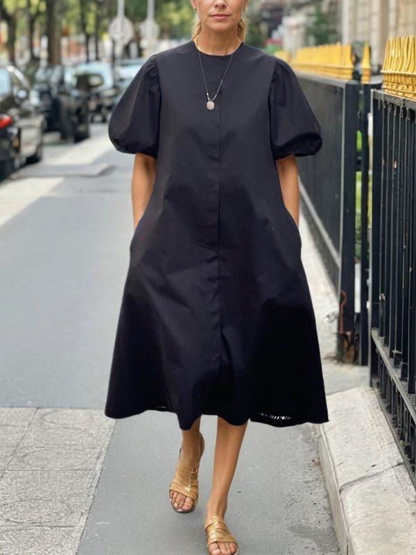 A-Line Loose Pleated Pockets Solid Color Round-Neck Midi Dresses Product Image