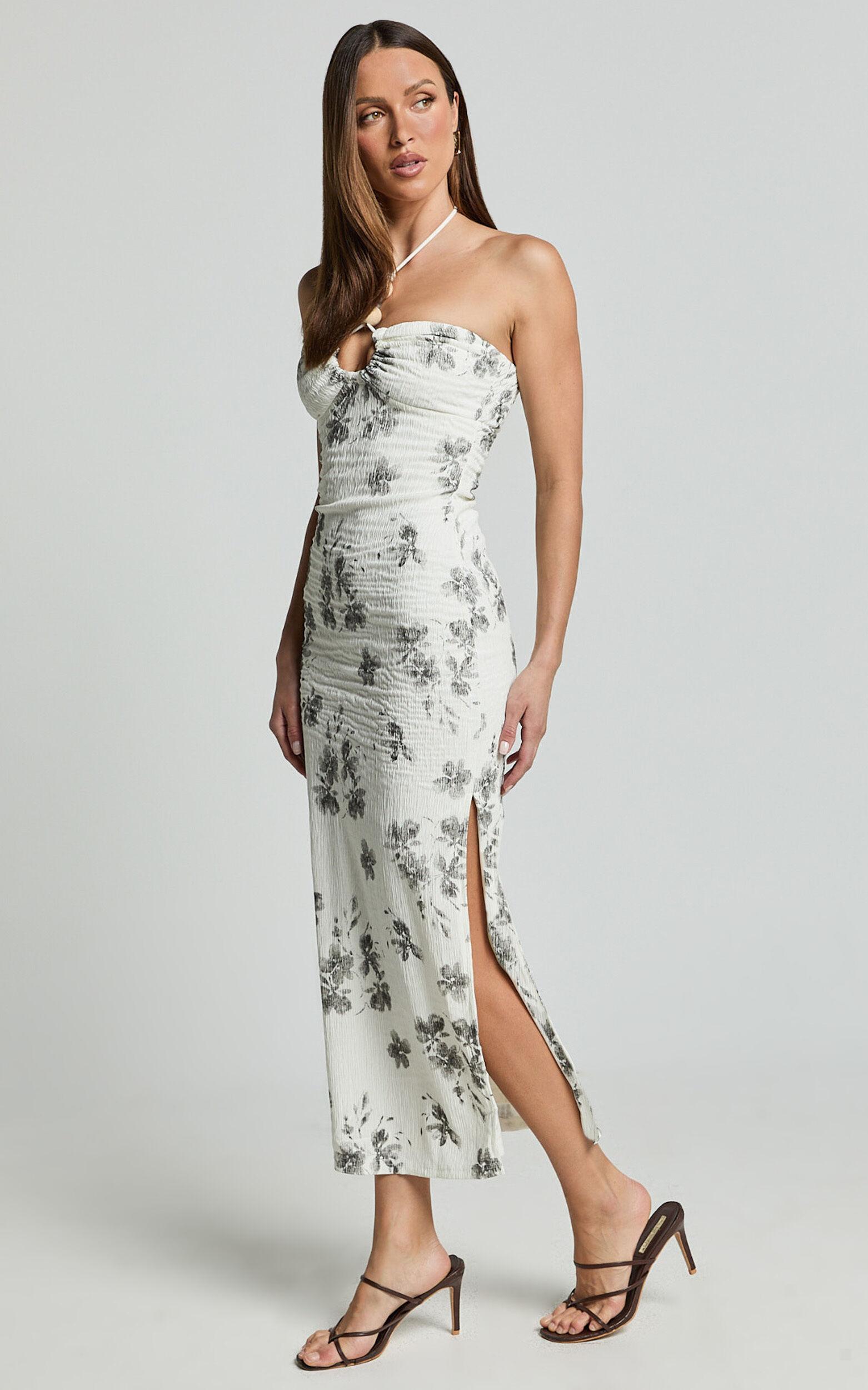 Evaline Midi Dress - Halter Neck Cut Out Front Slip Dress in Black and White Floral Product Image