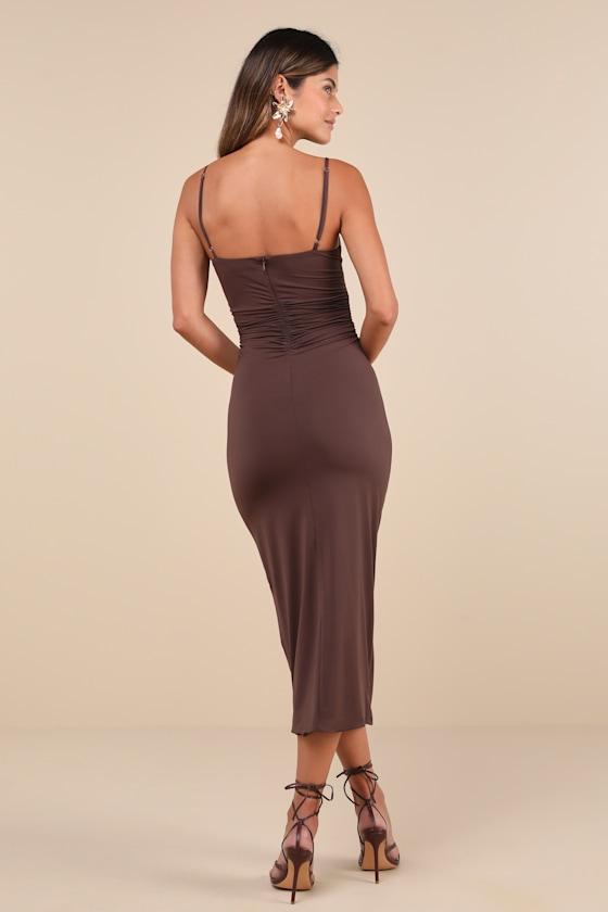 Mesmerizing Reputation Brown Twist-Front Bodycon Midi Dress Product Image