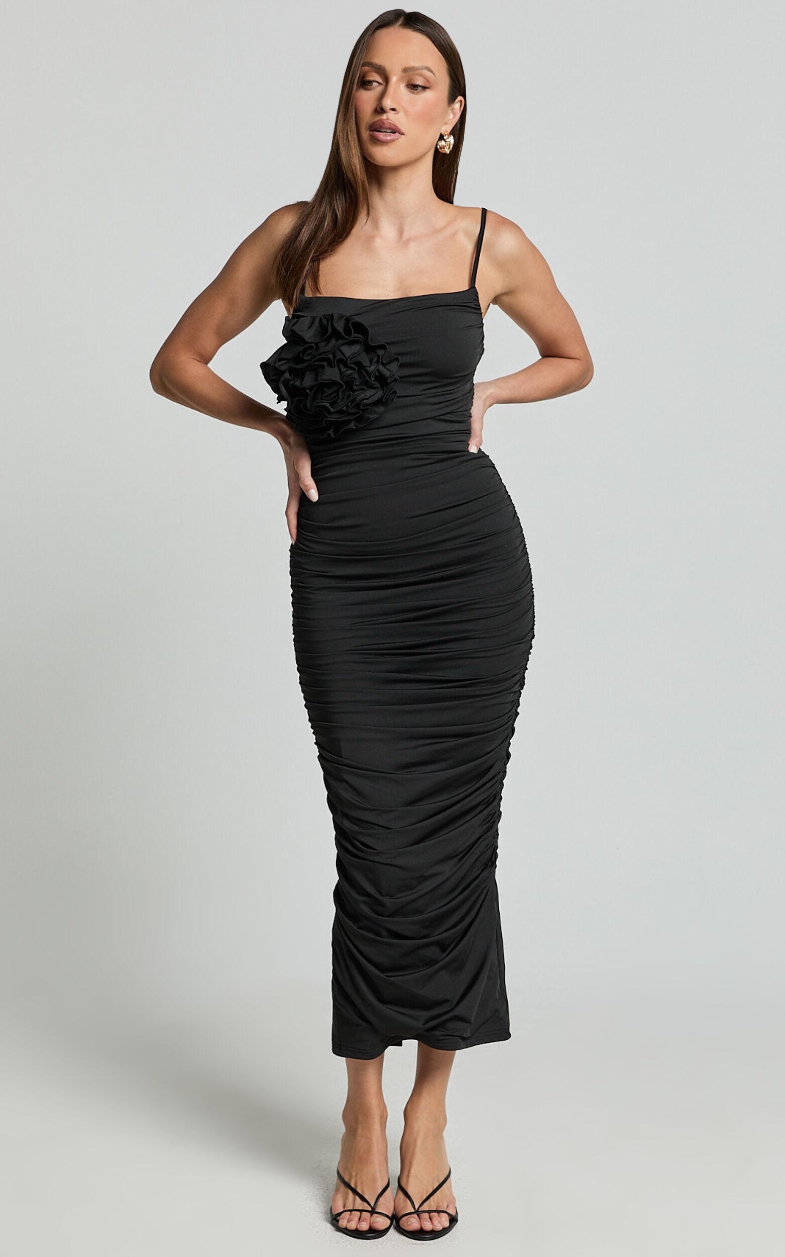Scarlett Midi Dress - 3D Floral Corsage Ruched Bodycon Dress in Black Product Image