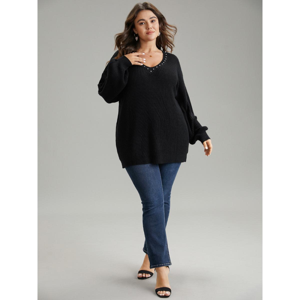 Plus Size Rhinestone V Neck Drop Shoulder Pullover Black Women Casual Loose Long Sleeve V-neck Dailywear Pullovers BloomChic 18-20/2X Product Image