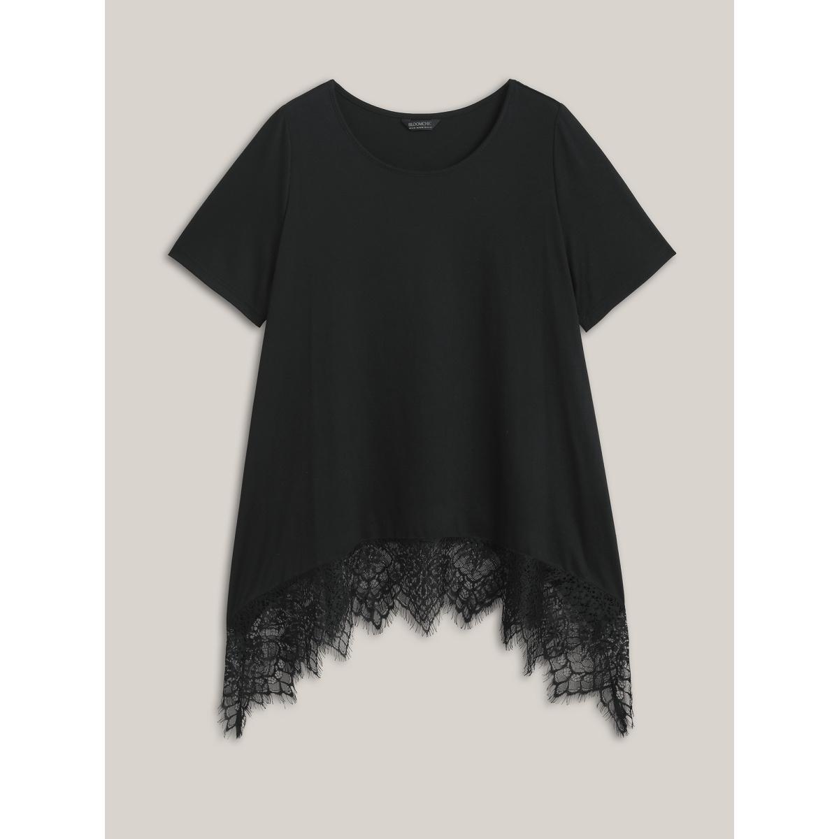 Plus Size Lace Trim Round Neck Casual T-Shirt Black Women Elegant Patchwork Round Neck Loose Everyday T-shirts BloomChic 14-16/1X Product Image